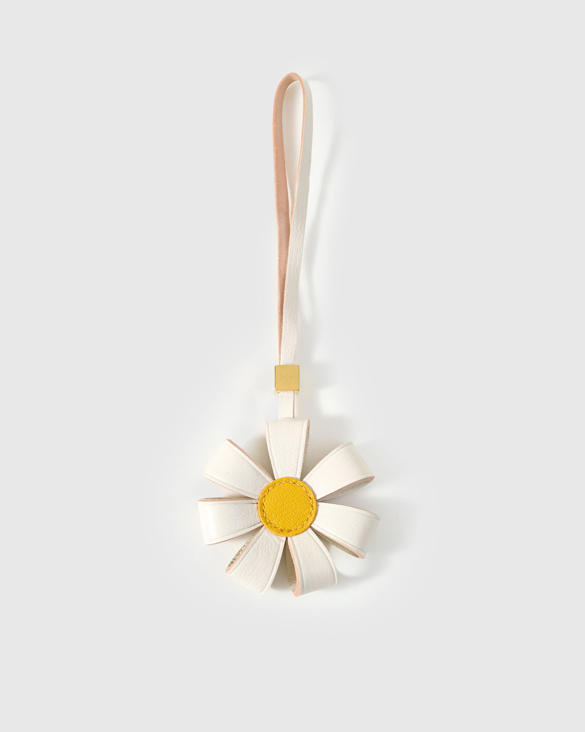 STICKYZOO Daisy Bag Charm — 3D folded daisy petals in warm taupe French Alran goatskin. 3-day handmade piece.