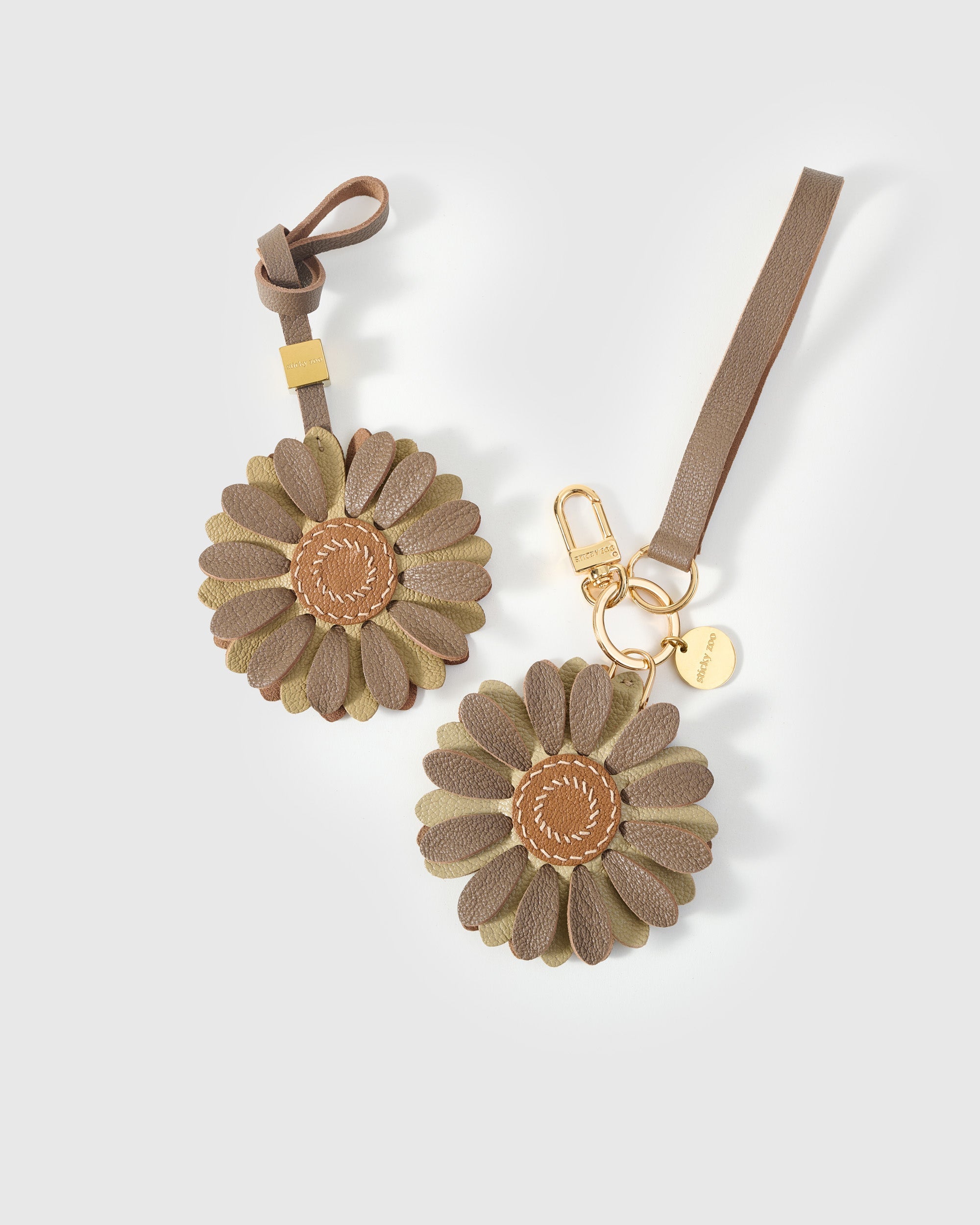 STICKYZOO Daisy Charm in taupe and olive French Alran goatskin. Hand-cut, hand-stitched. Designed in Amsterdam.