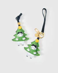 Kitten In Christmas Tree on an 18K gold-plated keychain clip with engraved STICKYZOO disc — clips to keys, bags or backpacks.