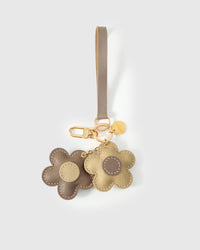 STICKYZOO Twin Flowers Charm in navy with tan centres — handmade French Alran goatskin, hand-cut and hand-stitched over 3 days.