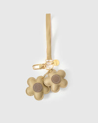 STICKYZOO Twin Flowers Charm — olive French Alran goatskin petals with taupe centres, gold keychain clip and engraved coin tag. 3-day handmade piece.