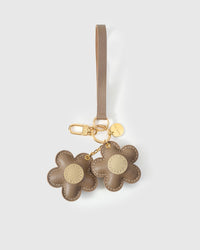 STICKYZOO Twin Flowers Charm — taupe French Alran goatskin petals with olive centres, gold keychain clip and engraved coin tag. 3-day handmade piece.