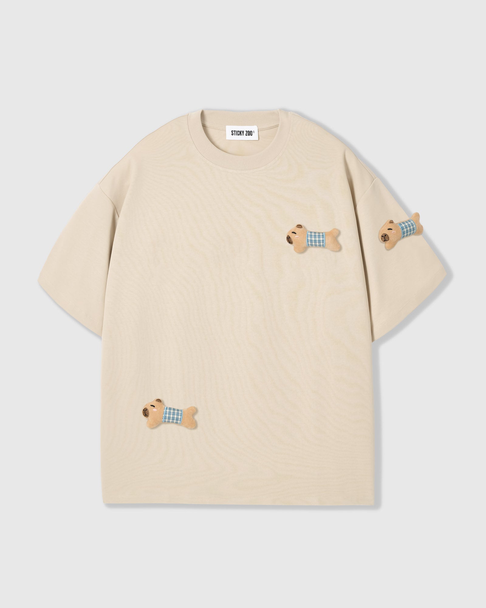 BLUE CHECK PUPPY SCATTER T-SHIRT — CREAM
