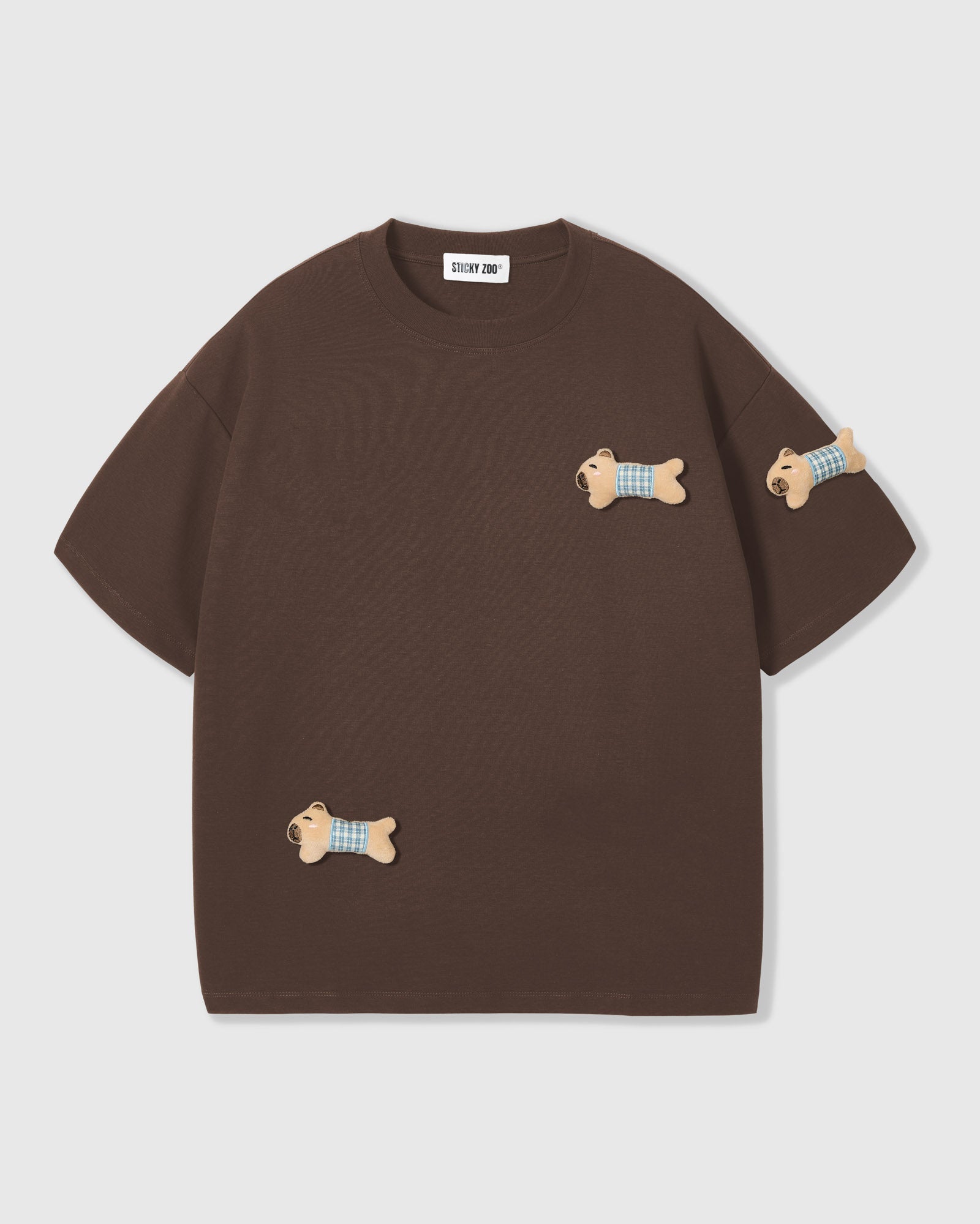 BLUE CHECK PUPPY SCATTER T-SHIRT — BROWN
