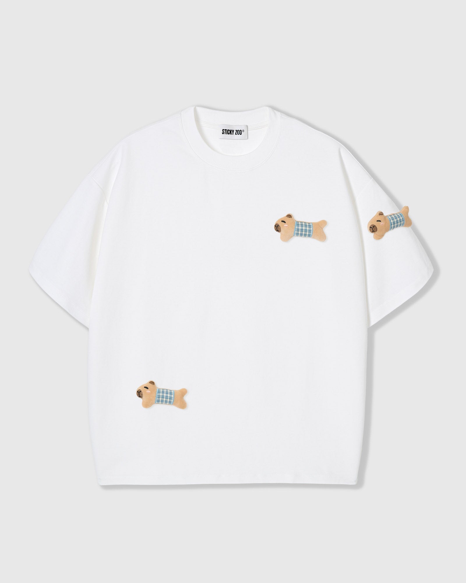 BLUE CHECK PUPPY SCATTER T-SHIRT — WHITE