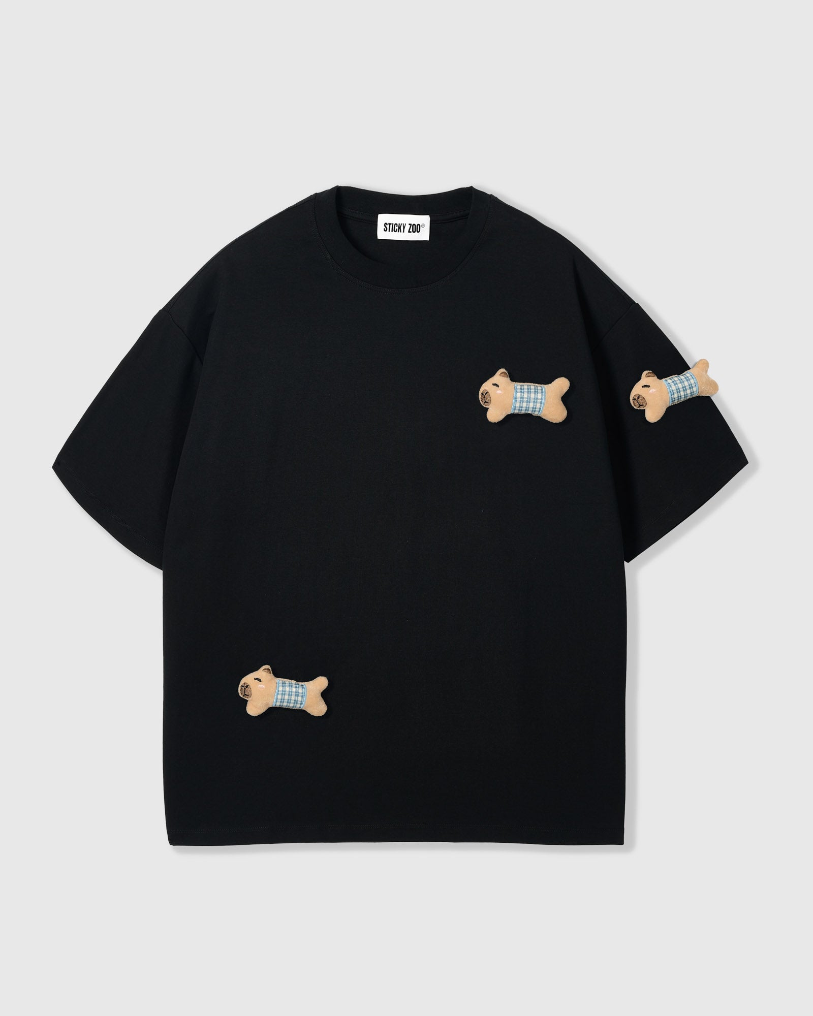 BLUE CHECK PUPPY SCATTER T-SHIRT — BLACK