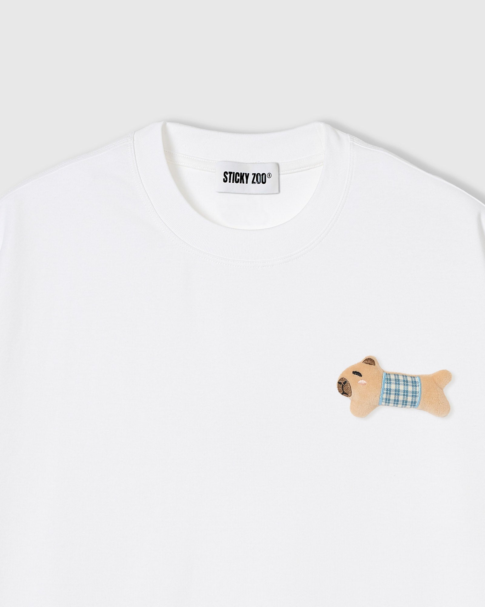 BLUE CHECK PUPPY SCATTER T-SHIRT — WHITE
