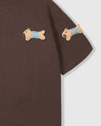 BLUE CHECK PUPPY SCATTER T-SHIRT — BROWN