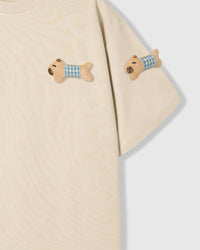 BLUE CHECK PUPPY SCATTER T-SHIRT — CREAM