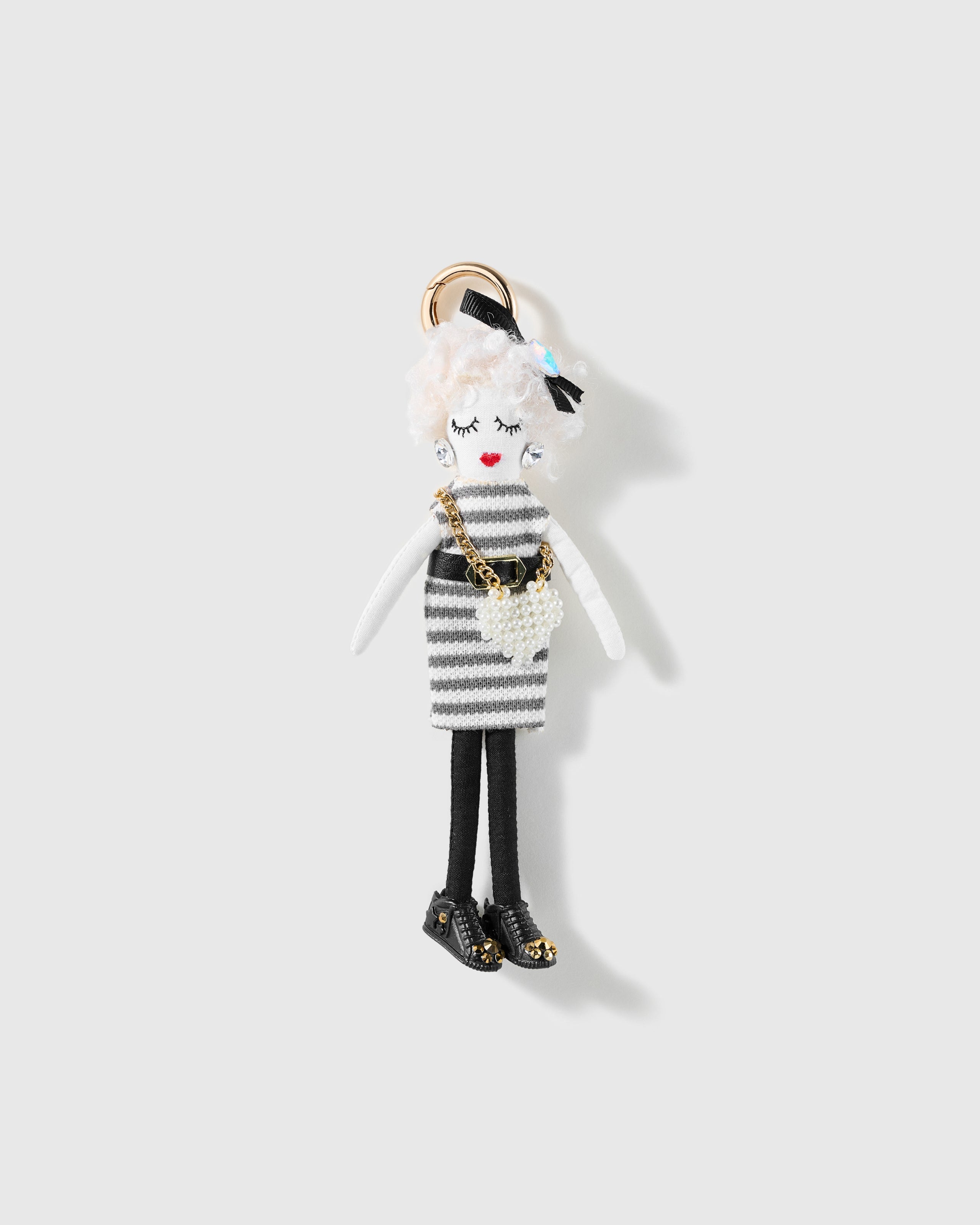 Coco Pearl Heart Charm, textile character with striped dress, pearl-look heart bag and black shoes, on a light background