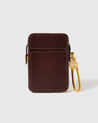 STICKYZOO espresso clip-on cigarette case closed, with stitched front panel and gold-tone clip