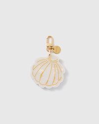 STICKYZOO folding shell mirror charm in Cream with pearlescent surface, gold-tone linework and branded clasp.