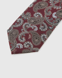 Claret Paisley Tie blade detail showing hand-embroidered large paisley florals and silk texture by STICKYZOO