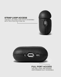 Black AirPods case showing the built-in strap loop, USB-C opening and speaker vents