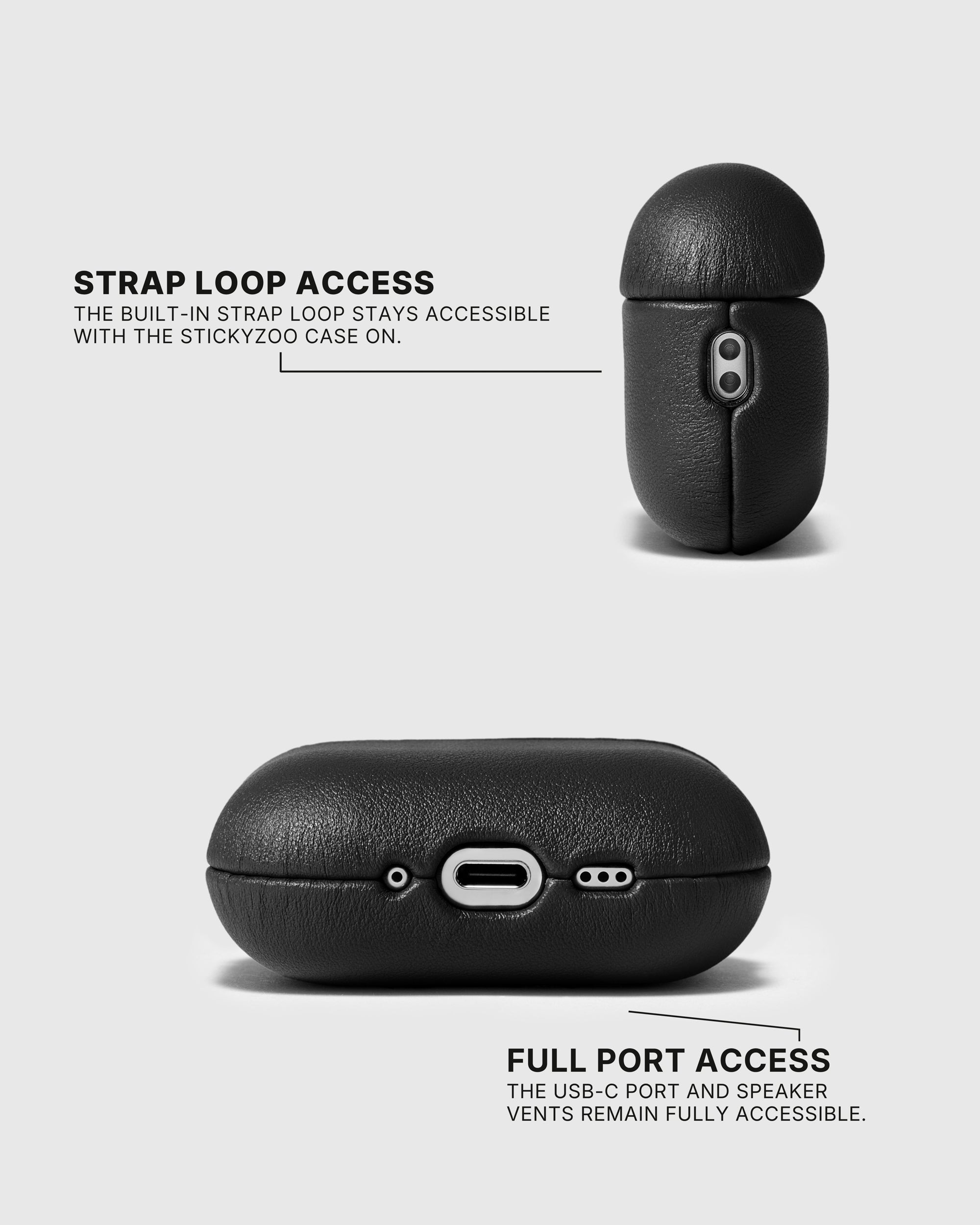 Black AirPods case showing the built-in strap loop, USB-C opening and speaker vents