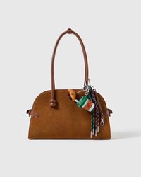 Coffee & Croissant Stack Charm attached to a structured handbag to show the complete design