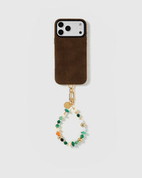 Handmade beaded phone strap on a black case, rated 4.9 across 5,000+ reviews