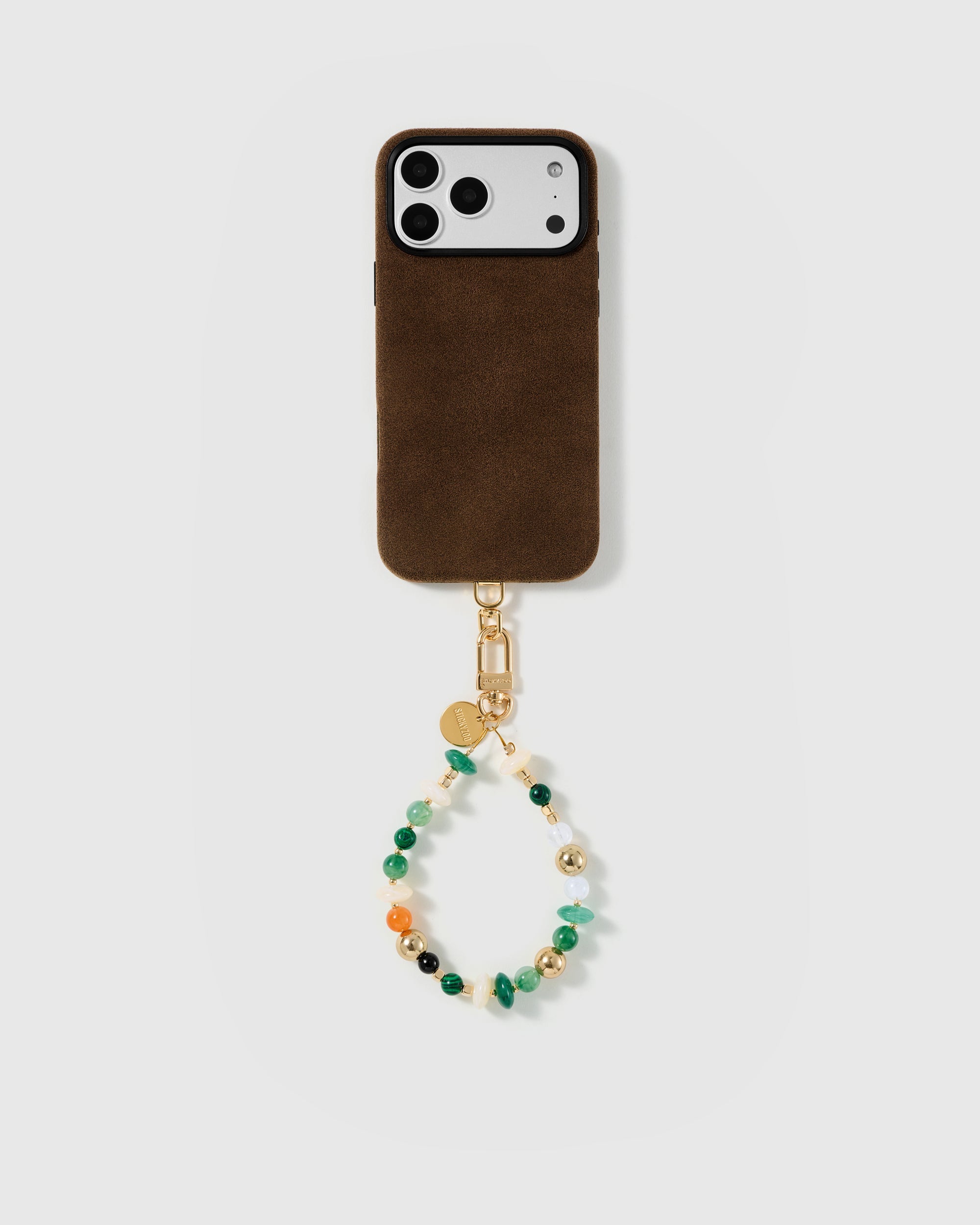 Handmade beaded phone strap on a black case, rated 4.9 across 5,000+ reviews