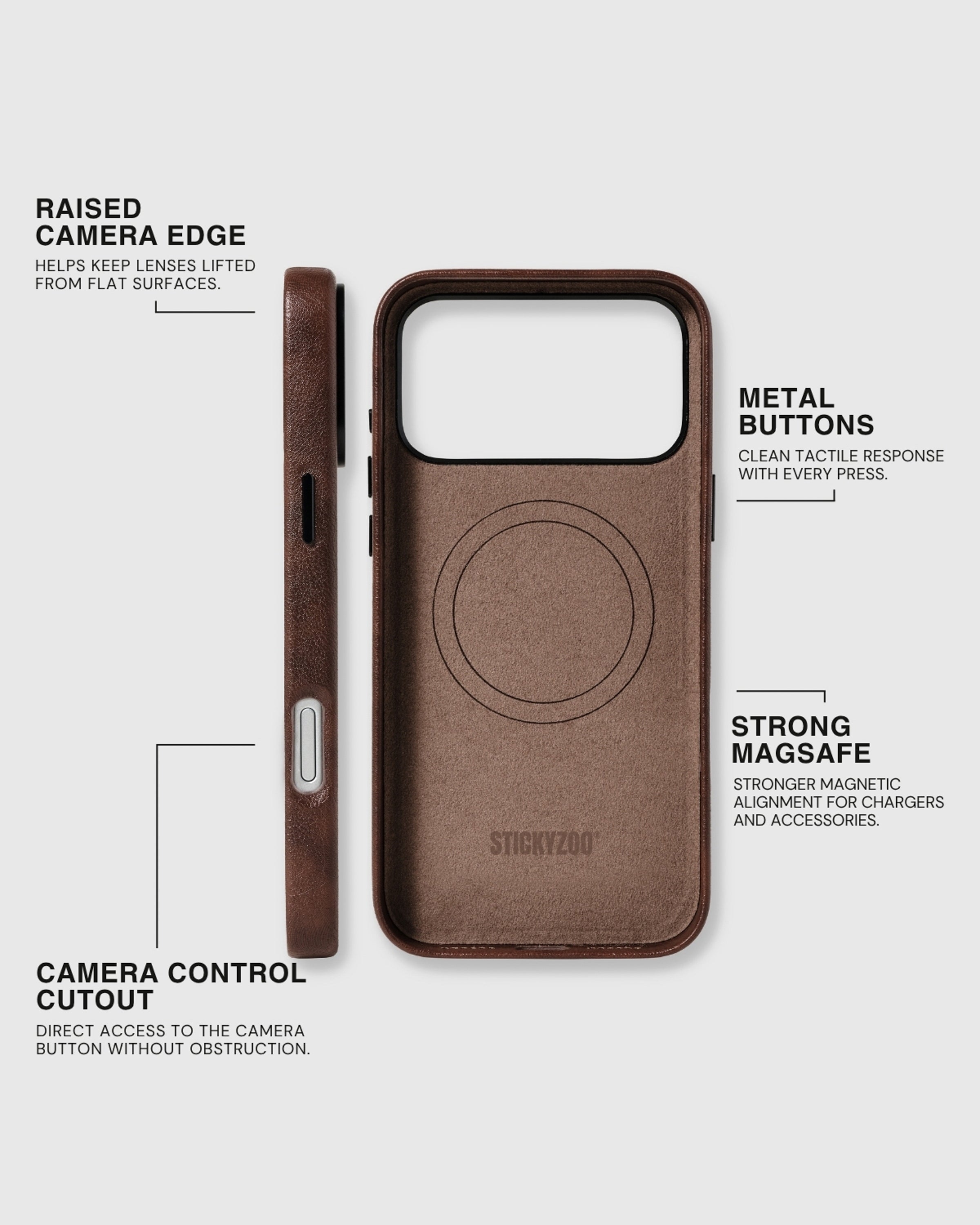 Brown STICKYZOO Heritage Leather Case showing strong MagSafe, metal buttons, raised camera edge, and open Camera Control cutout