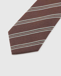 Mahogany Regimental Tie blade detail showing hand-embroidered clustered diagonal regimental stripes and silk texture by STICKYZOO