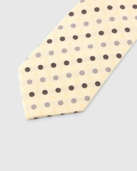 Ivory Tricolor Dot Tie blade detail showing hand-embroidered espresso, pewter and cream polka dots and silk texture by STICKYZOO