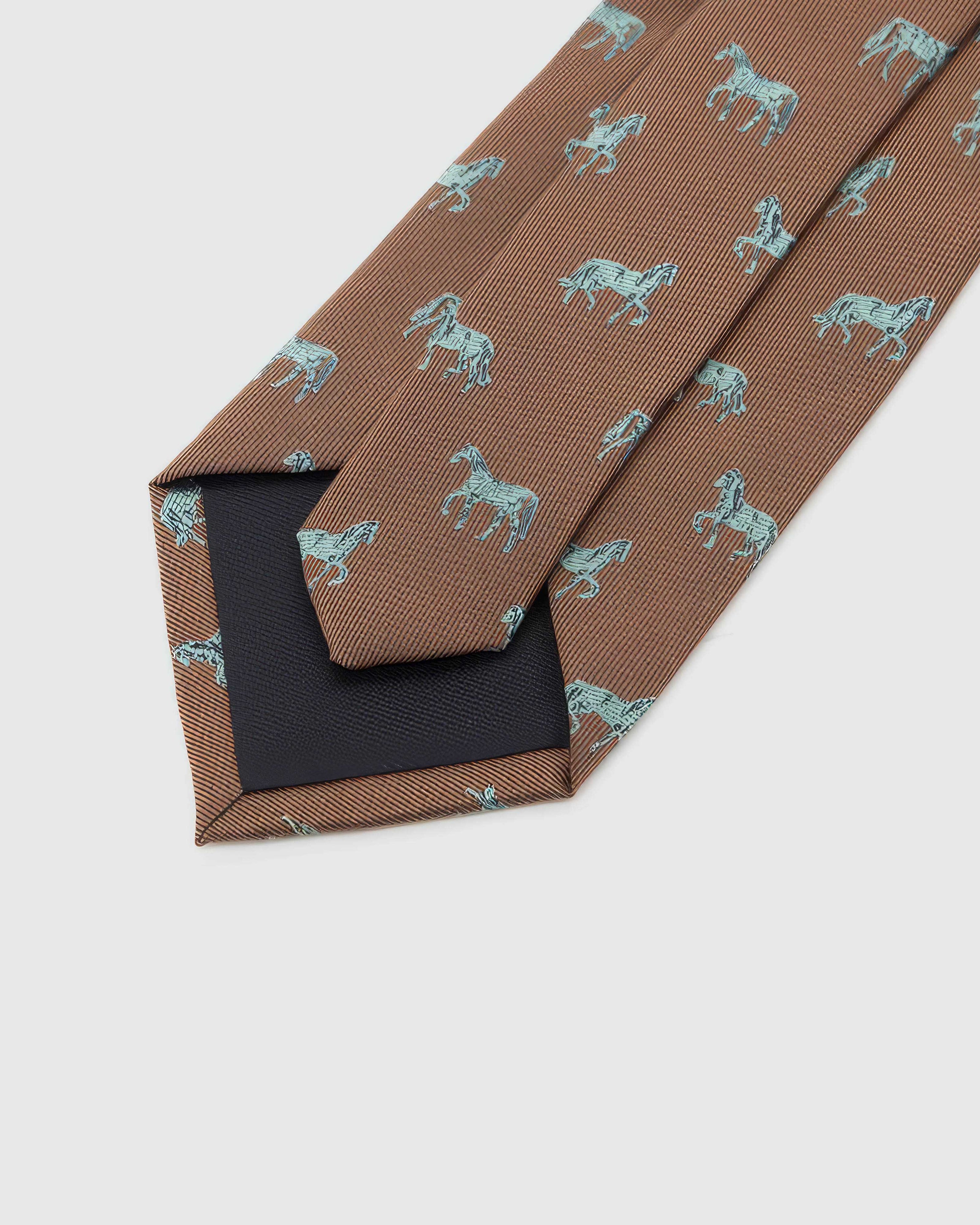 Back of STICKYZOO Chestnut Horse Tie showing black structured interlining, hand-finished folds and keeper, 145 × 8 cm