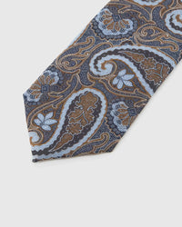 Midnight Chestnut Paisley Tie blade detail showing hand-embroidered large paisley scrolls and silk texture by STICKYZOO