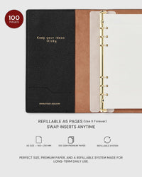 Interior of the Gemstone Notebook with 100 pages of 100gsm paper and a refillable A5 ring system