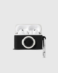 Black STICKYZOO Camera AirPods Case open to show the two-piece form