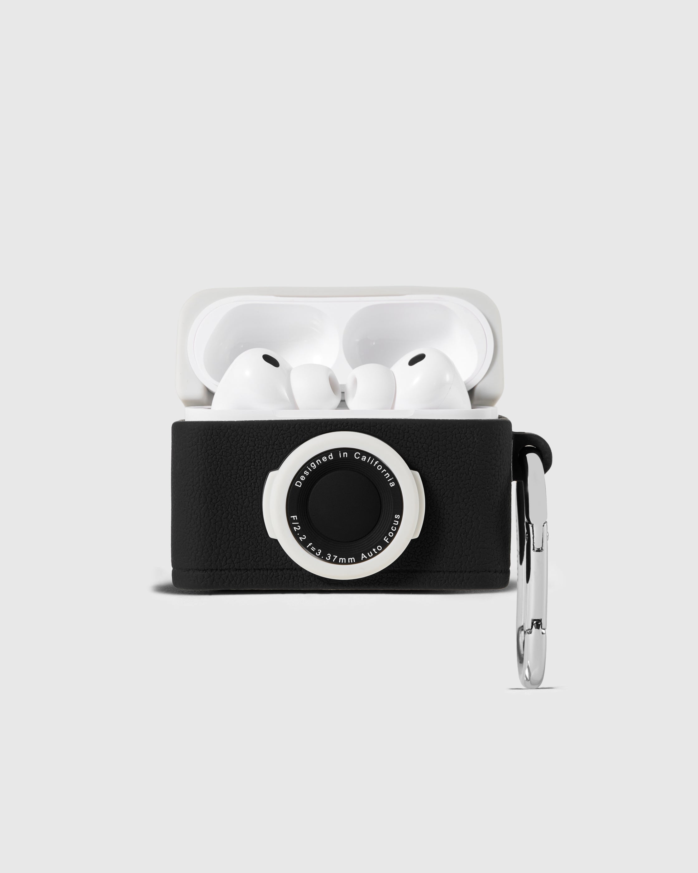 Black STICKYZOO Camera AirPods Case open to show the two-piece form