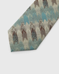 Sage Brushwork Tie detail showing sage, aqua, ivory and umber abstract brushwork and the tactile silk surface.