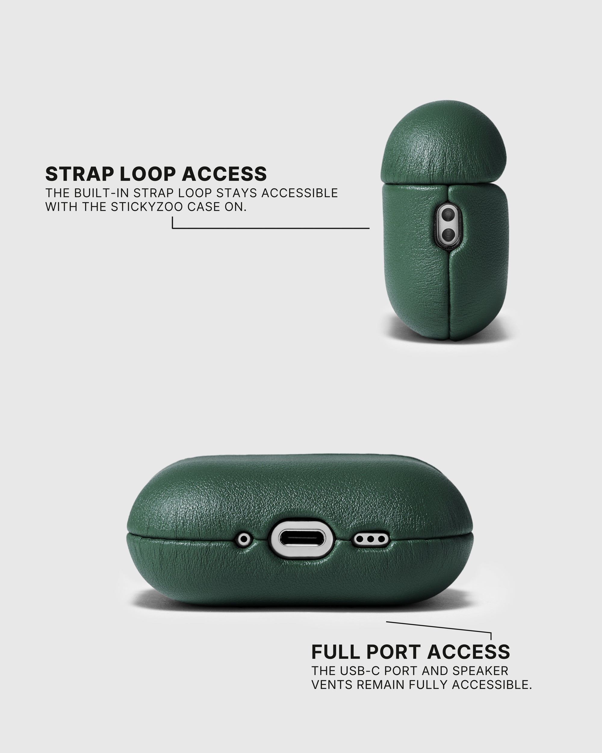 Green AirPods case showing the built-in strap loop, USB-C opening and speaker vents