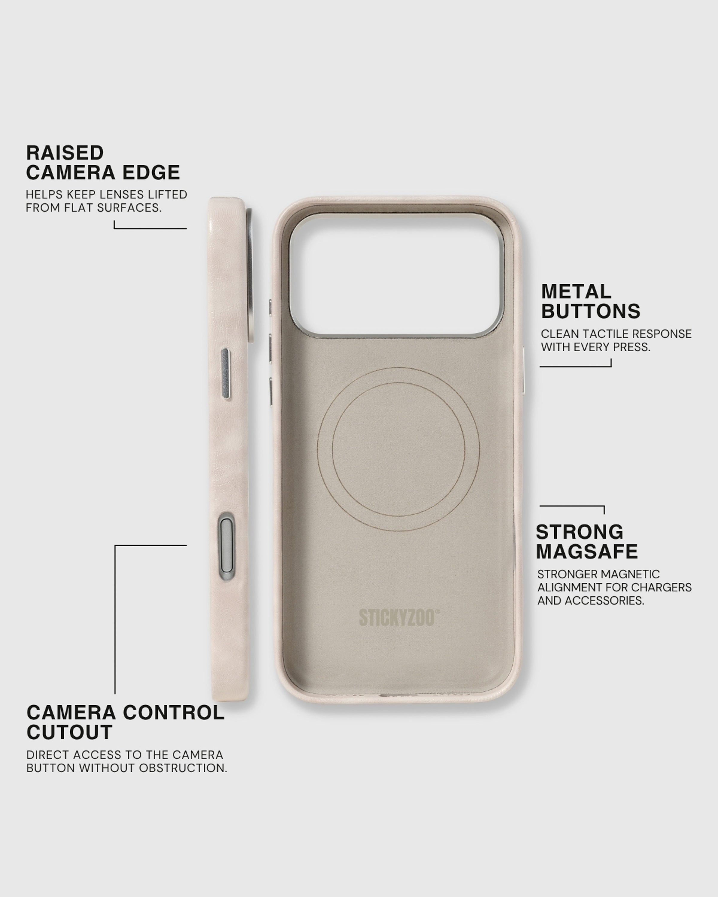 Cream STICKYZOO Heritage Leather Case showing strong MagSafe, metal buttons, raised camera edge, and open Camera Control cutout
