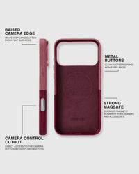 STICKYZOO Red wallet iPhone case showing its soft flocked microfiber lining, metal buttons, MagSafe ring, and Camera Control cutout
