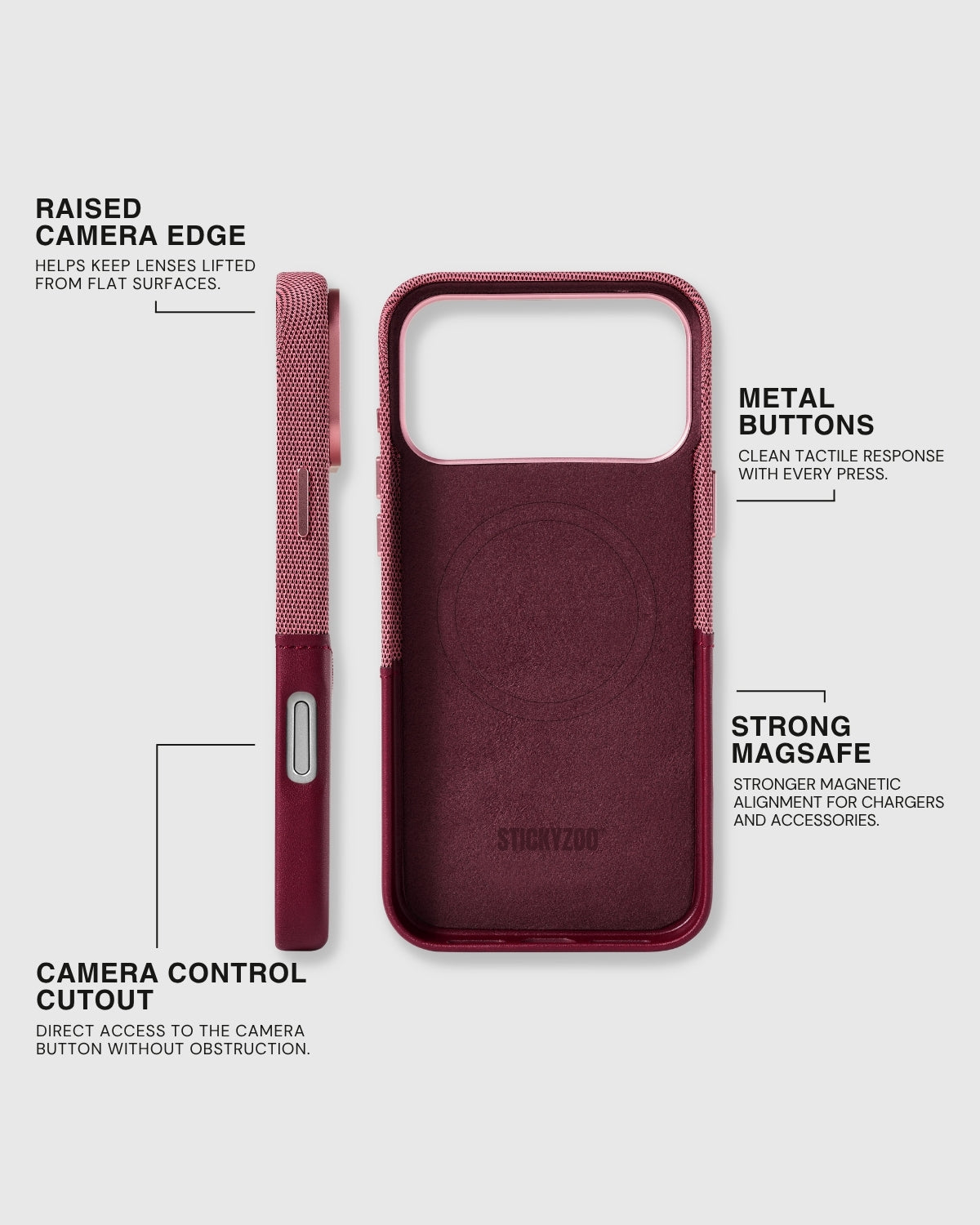 STICKYZOO Red wallet iPhone case showing its soft flocked microfiber lining, metal buttons, MagSafe ring, and Camera Control cutout