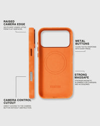 Orange STICKYZOO Heritage Leather Case showing strong MagSafe, metal buttons, raised camera edge, and open Camera Control cutout
