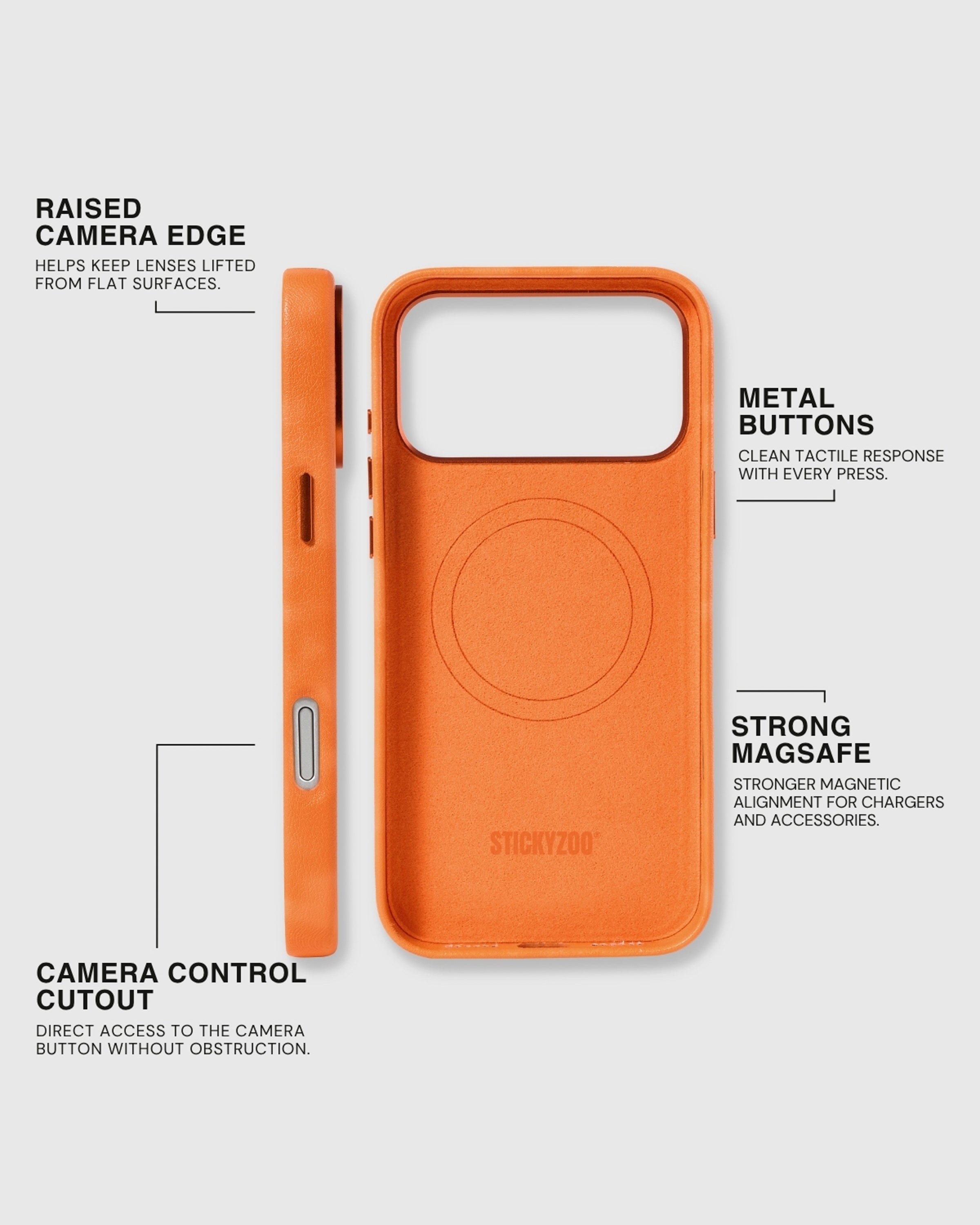 Orange STICKYZOO Heritage Leather Case showing strong MagSafe, metal buttons, raised camera edge, and open Camera Control cutout