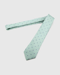 Full-length STICKYZOO Sage Blossom Tie laid flat on white, showing the complete mauve micro blossoms repeat and 145 × 8 cm proportions