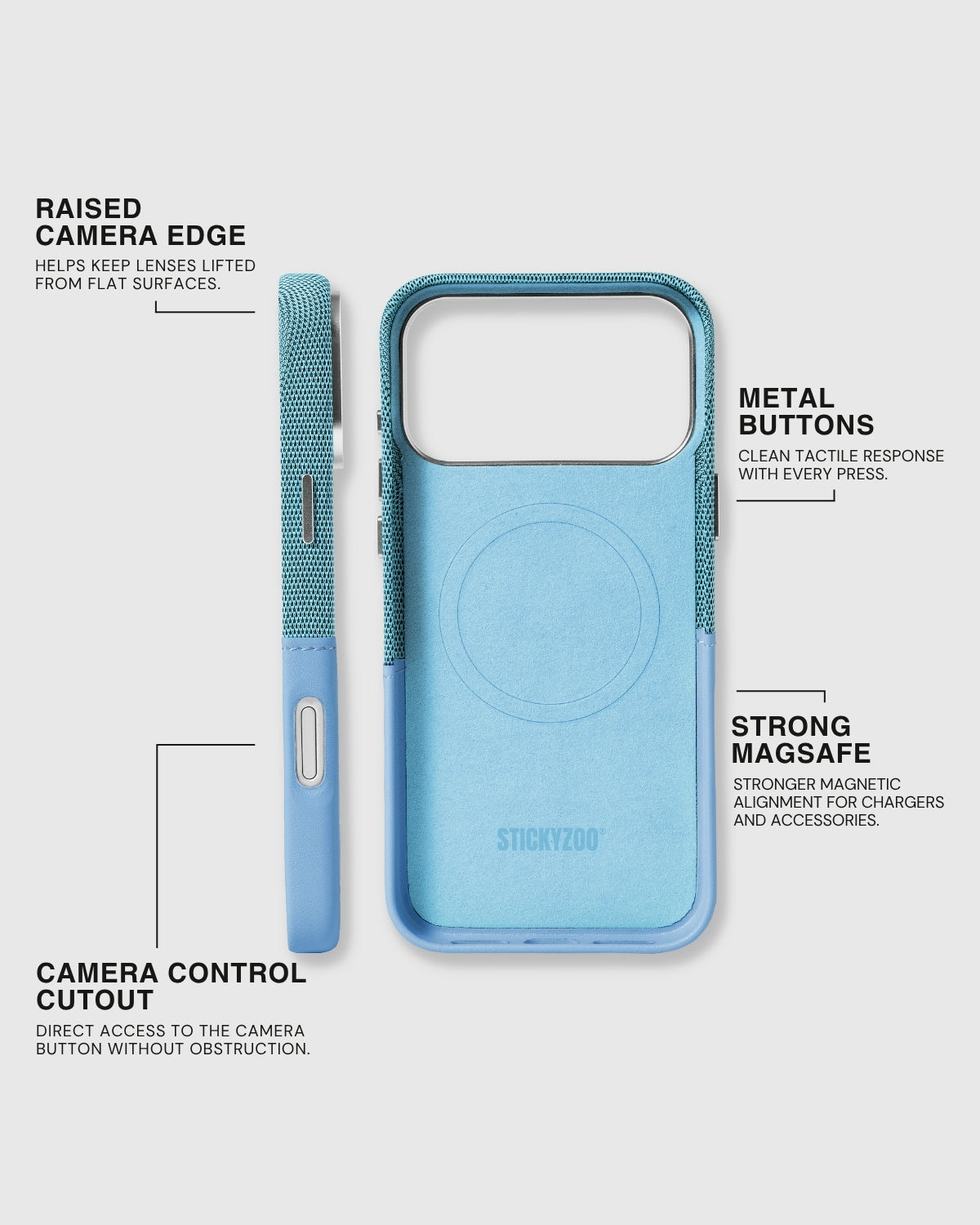 STICKYZOO Sky Blue wallet iPhone case showing its soft flocked microfiber lining, metal buttons, MagSafe ring, and Camera Control cutout
