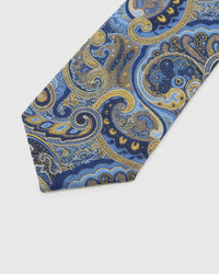 Cobalt Baroque Tie blade detail showing hand-embroidered ornate baroque paisley scrollwork and silk texture by STICKYZOO