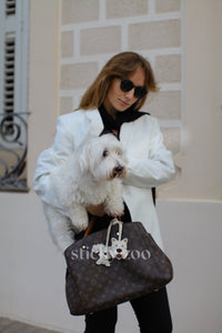 Handmade Poodle leather bag charm with 18K gold-plated keychain clip and engraved STICKYZOO gold tag — for keys, bags, and backpacks. French Alran goatskin.