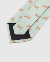 Back of STICKYZOO Celadon Copper Horse Tie showing black structured interlining, hand-finished folds and keeper, 145 × 8 cm