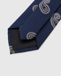 Back of STICKYZOO Navy Oxblood Paisley Tie showing structured interlining, hand-finished folds and slip stitching, 145 × 8 cm