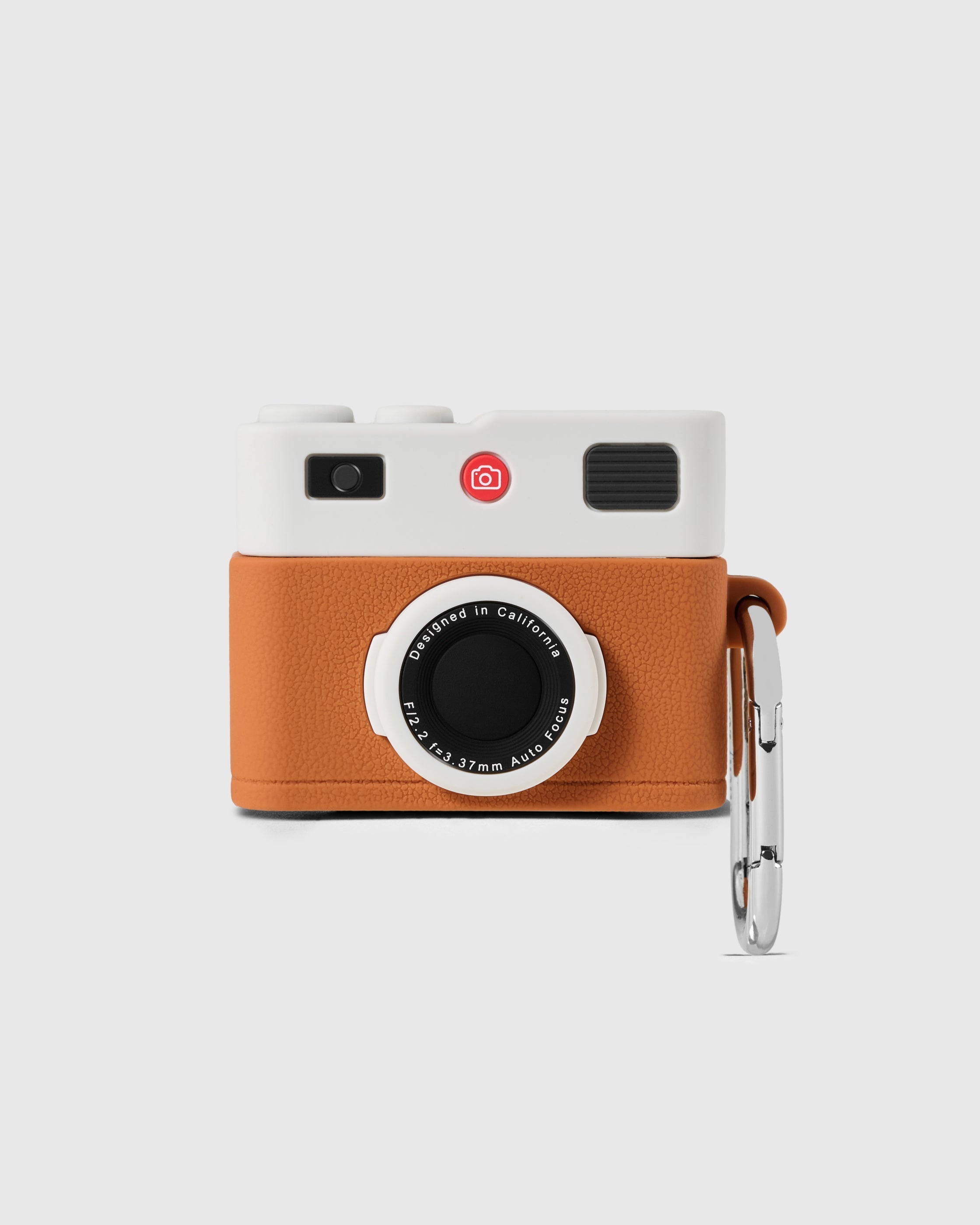Cognac STICKYZOO Camera AirPods Case with white top and silver-tone clip