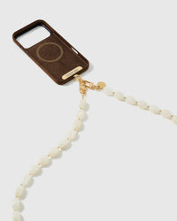 Dual-clasp beaded cross-body strap clipped to a phone case, showing universal fit via the included Phone Strap Card