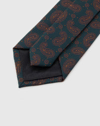 STICKYZOO Petrol Copper Paisley Tie reverse showing structured interlining and hand-finished slip stitching, 145 × 8 cm.