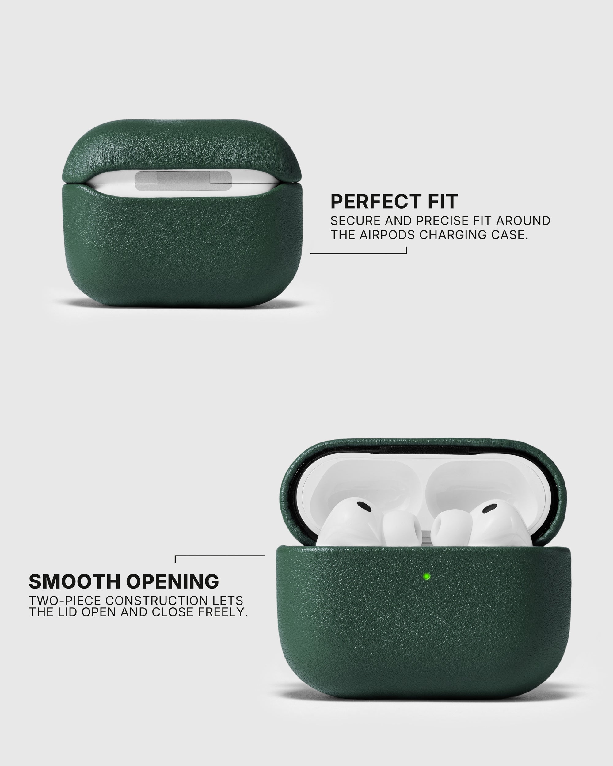 Closed and open Green AirPods case showing its fitted two-piece shell