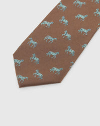 Chestnut Horse Tie blade detail showing hand-embroidered mixed horse illustrations and silk texture by STICKYZOO
