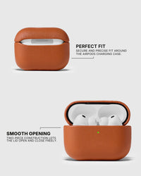 Closed and open Cognac AirPods case showing its fitted two-piece shell