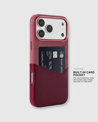 Built-in pocket on the Red wallet phone case holding one essential card